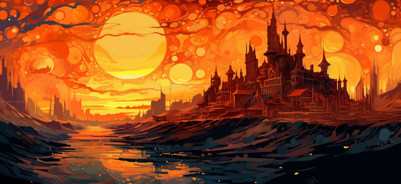 创意神秘河流古城堡手绘背景,插画/手绘图,插画/手绘图库,插画/手绘图下载,插画/手绘